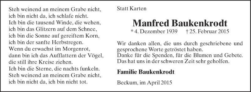  Traueranzeige für Manfred Baukenkrodt vom 25.04.2015 aus Die Glocke