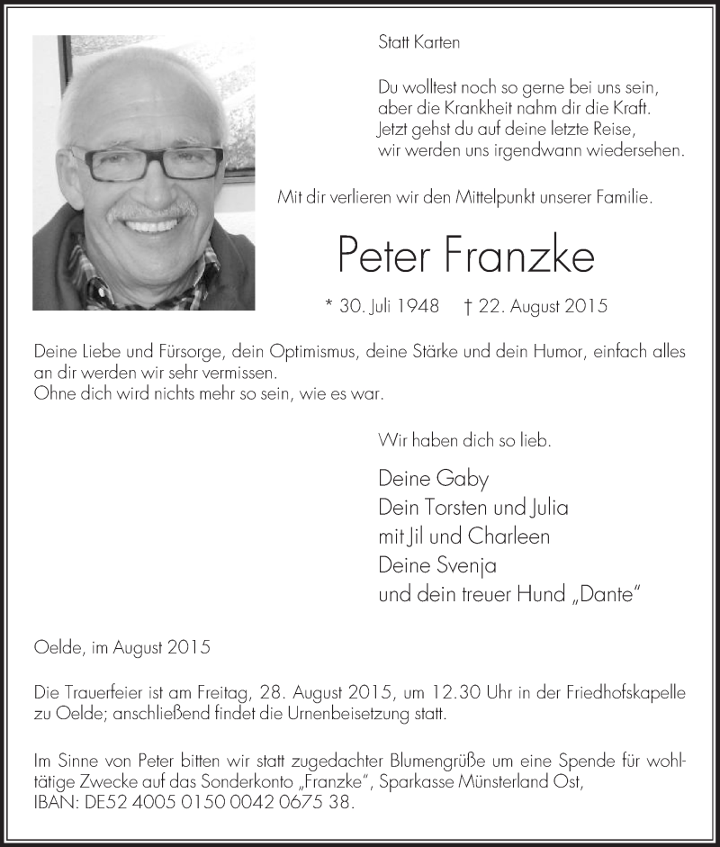  Traueranzeige für Peter Franzke vom 25.08.2015 aus Glocke Trauer