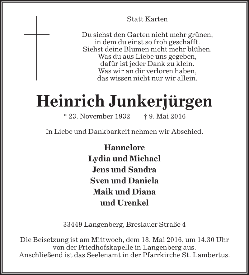  Traueranzeige für Heinrich Junkerjürgen vom 14.05.2016 aus Die Glocke
