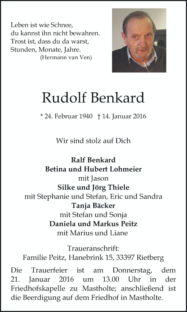  Traueranzeige für Rudolf Benkard vom 18.01.2016 aus Die Glocke
