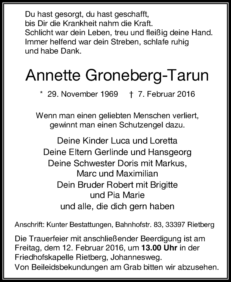  Traueranzeige für Annette Groneberg-Tarun vom 10.02.2016 aus Die Glocke