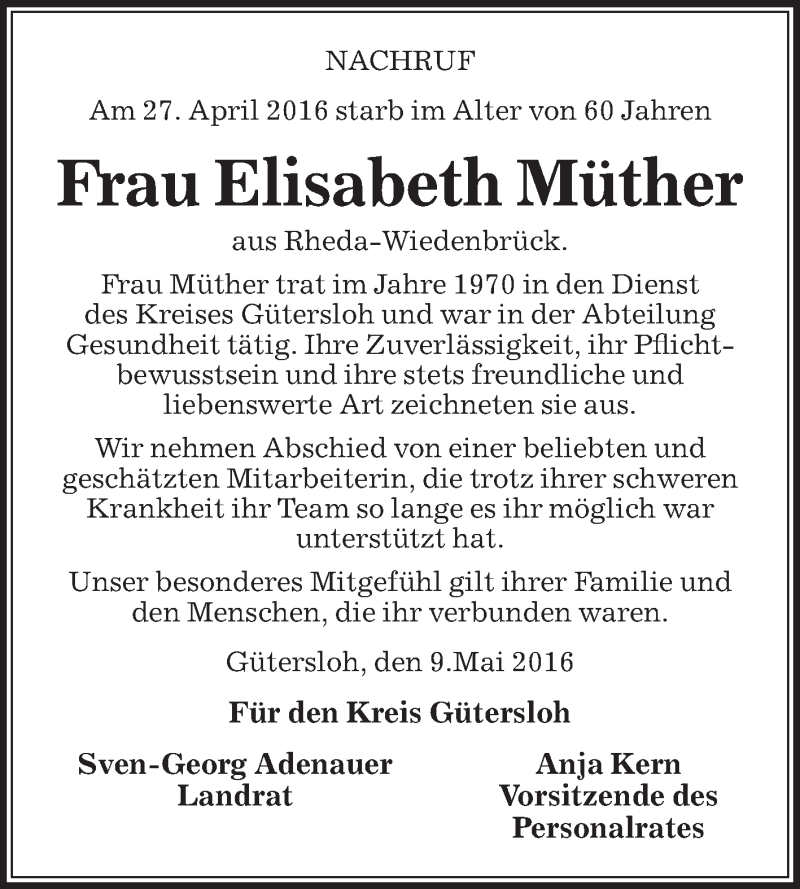  Traueranzeige für Elisabeth Müther vom 10.05.2016 aus Die Glocke