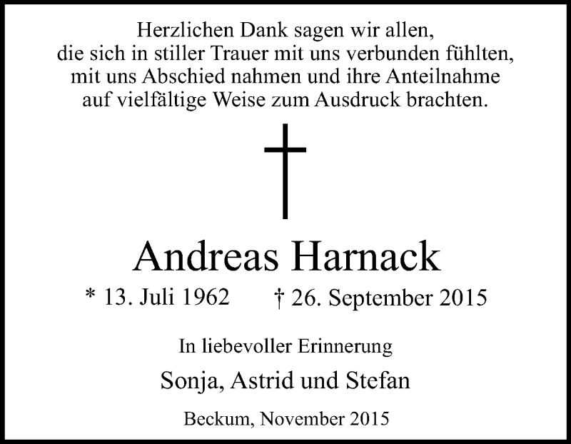  Traueranzeige für Andreas Harnack vom 07.11.2015 aus Die Glocke