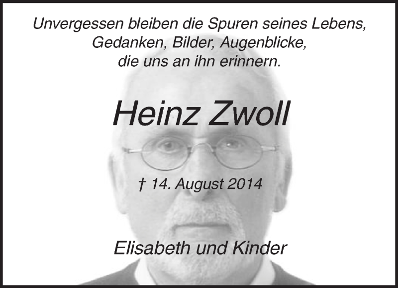  Traueranzeige für Heinz Zwoll vom 14.08.2015 aus Die Glocke
