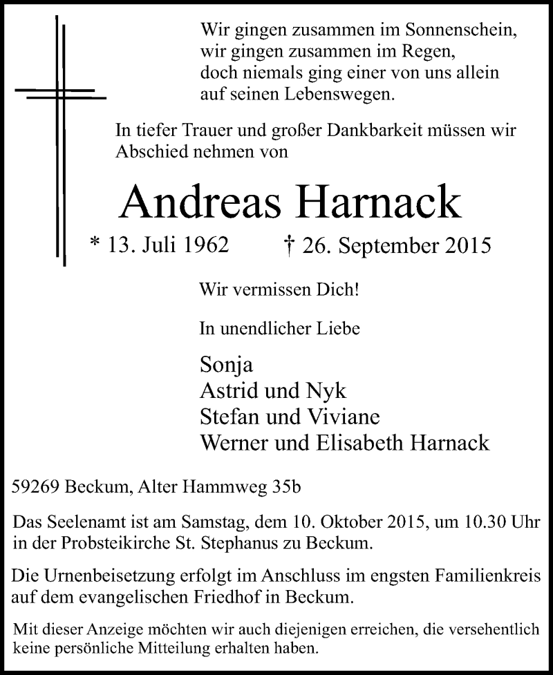  Traueranzeige für Andreas Harnack vom 03.10.2015 aus Die Glocke