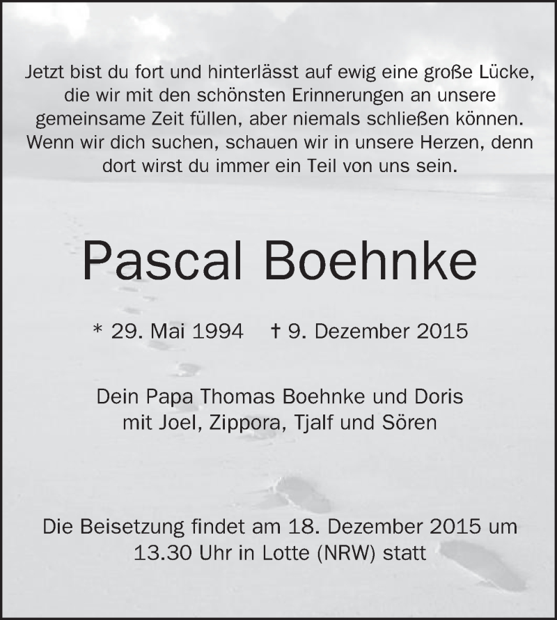  Traueranzeige für Pascal Boehnke vom 17.12.2015 aus Die Glocke