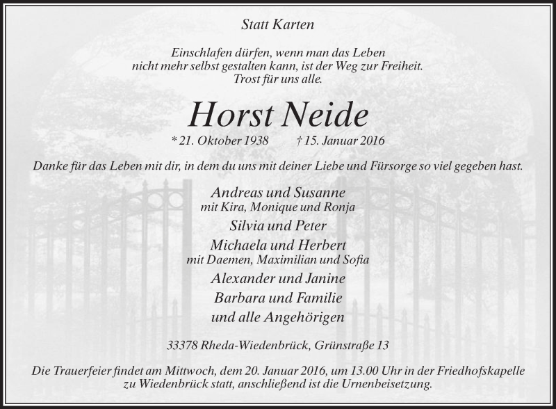  Traueranzeige für Horst Neide vom 16.01.2016 aus Die Glocke