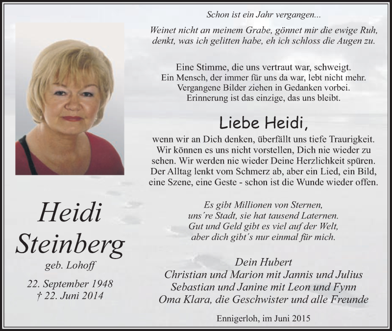  Traueranzeige für Heidi Steinberg vom 20.06.2015 aus Die Glocke