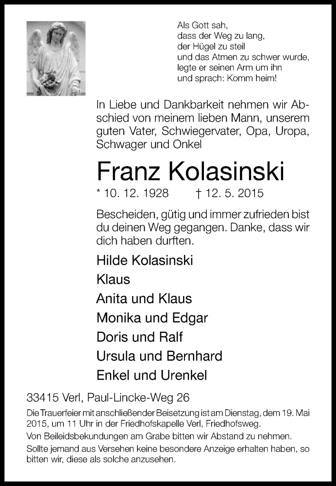  Traueranzeige für Franz Kolasinski vom 16.05.2015 aus Die Glocke