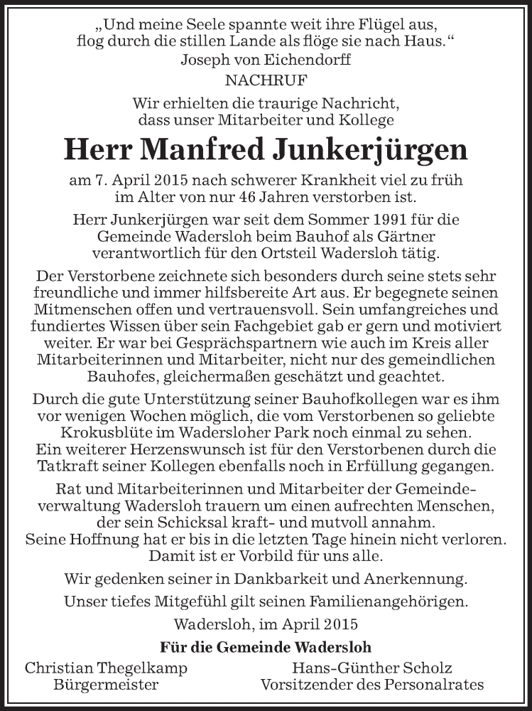  Traueranzeige für Manfred Junkerjürgen vom 15.04.2015 aus Die Glocke