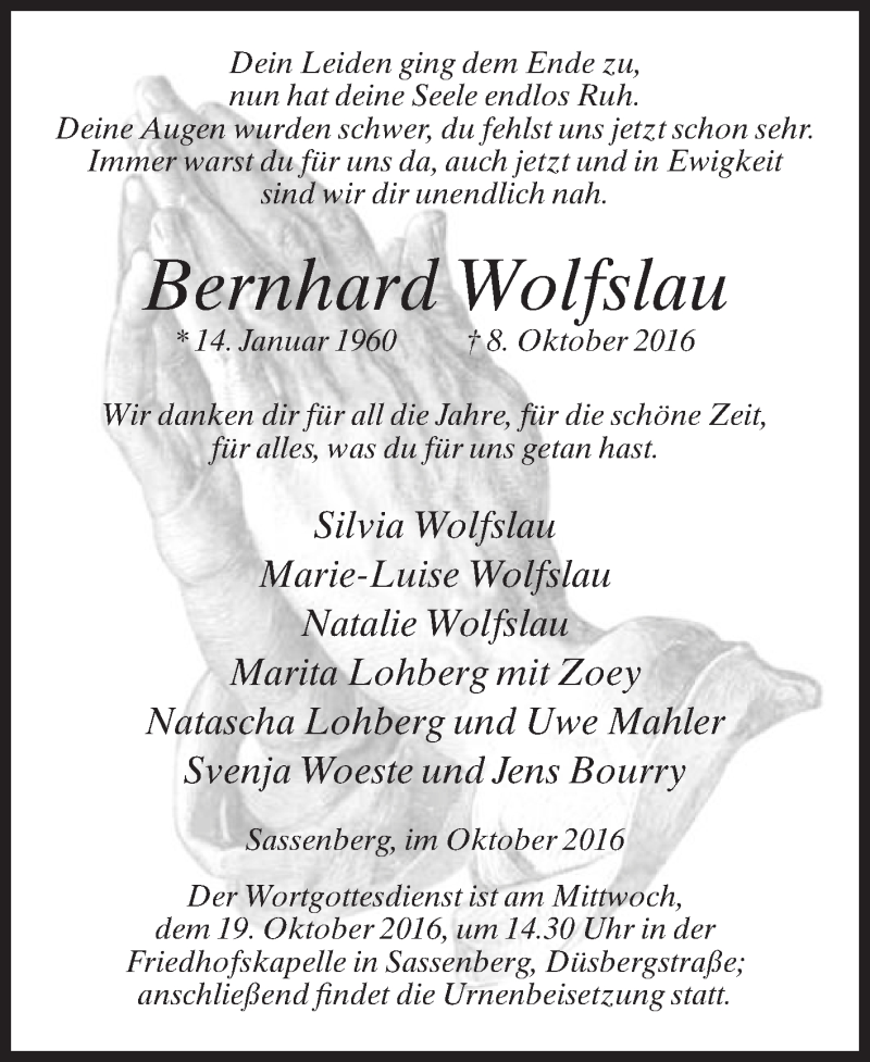  Traueranzeige für Bernhard Wolfslau vom 15.10.2016 aus Die Glocke