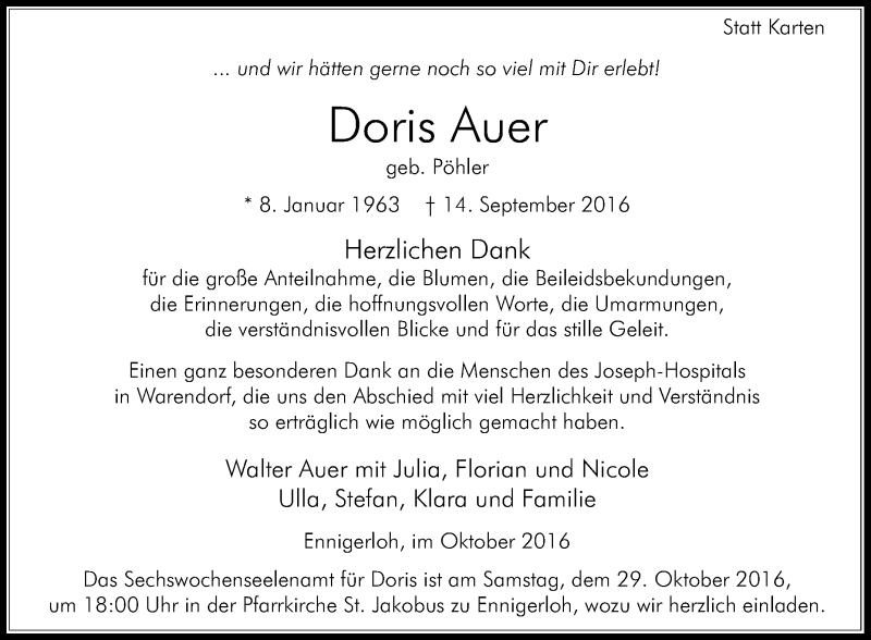  Traueranzeige für Doris Auer vom 22.10.2016 aus Die Glocke