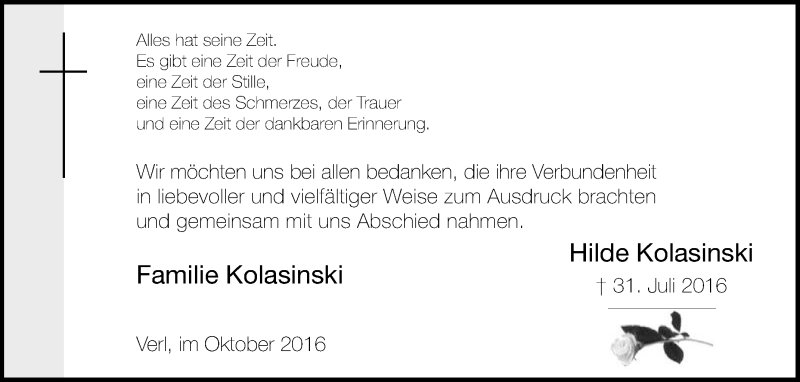  Traueranzeige für Hilde Kolasinski vom 22.10.2016 aus Die Glocke