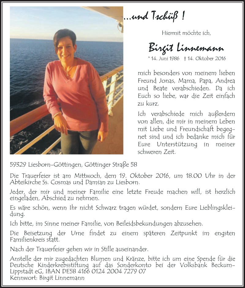  Traueranzeige für Birgit Linnemann vom 18.10.2016 aus Die Glocke