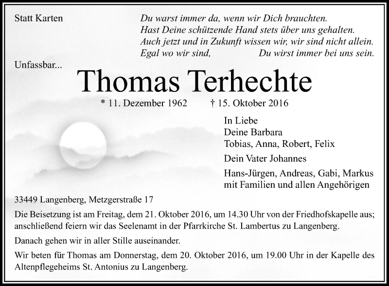  Traueranzeige für Thomas Terhechte vom 19.10.2016 aus Die Glocke