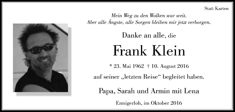  Traueranzeige für Frank Klein vom 29.10.2016 aus Die Glocke