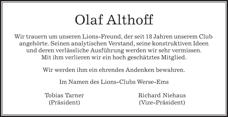  Traueranzeige für Olaf Althoff vom 23.11.2016 aus Die Glocke