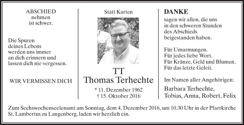  Traueranzeige für Thomas Terhechte vom 30.11.2016 aus Die Glocke