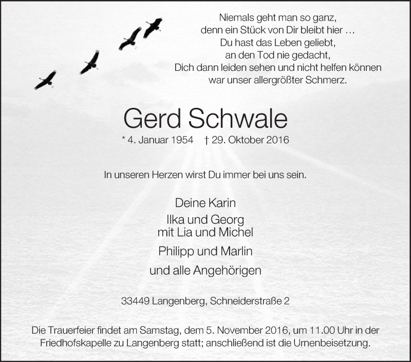  Traueranzeige für Gerd Schwale vom 01.11.2016 aus Die Glocke