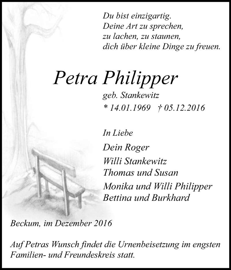  Traueranzeige für Petra Philipper vom 10.12.2016 aus Die Glocke