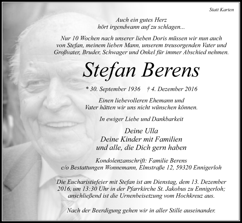  Traueranzeige für Stefan Berens vom 08.12.2016 aus Die Glocke