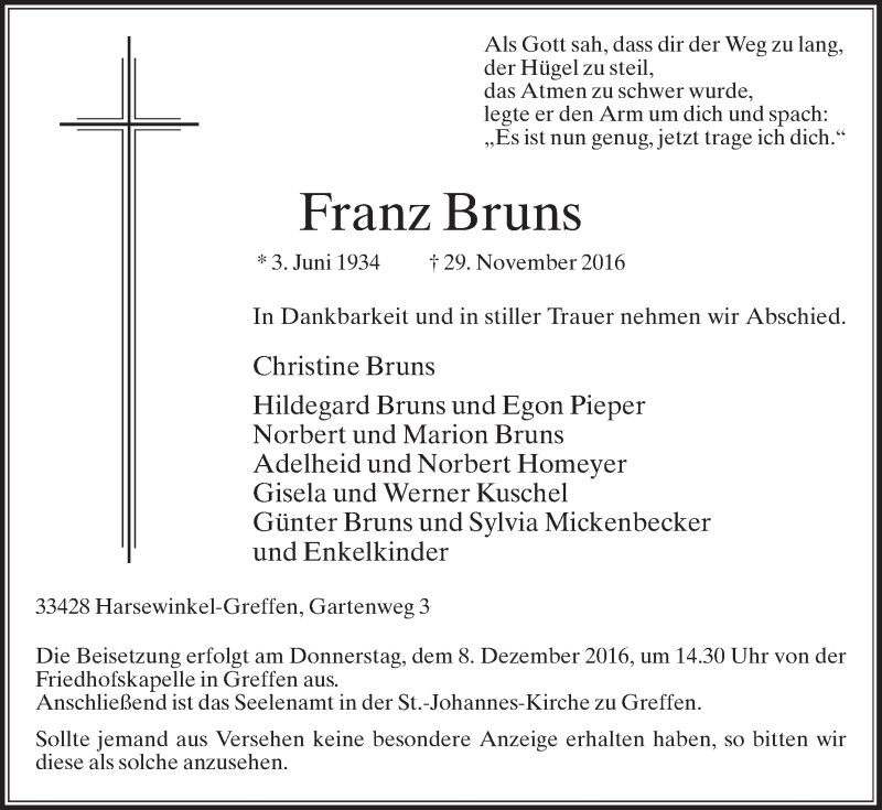  Traueranzeige für Franz Bruns vom 03.12.2016 aus Die Glocke