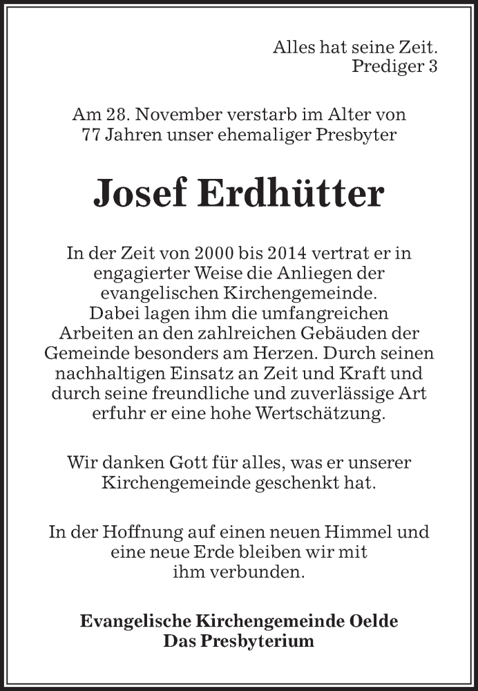  Traueranzeige für Josef Erdhütter vom 03.12.2016 aus Die Glocke