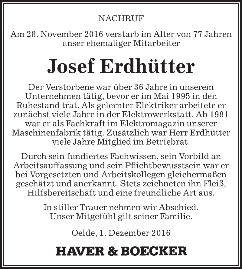  Traueranzeige für Josef Erdhütter vom 02.12.2016 aus Die Glocke