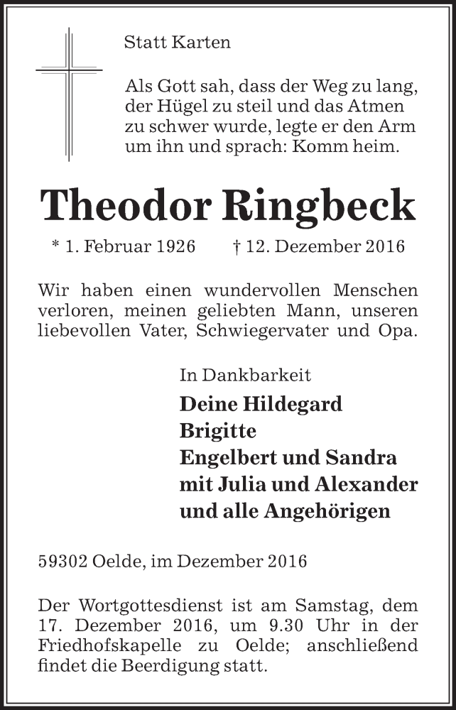  Traueranzeige für Theodor Ringbeck vom 14.12.2016 aus Die Glocke