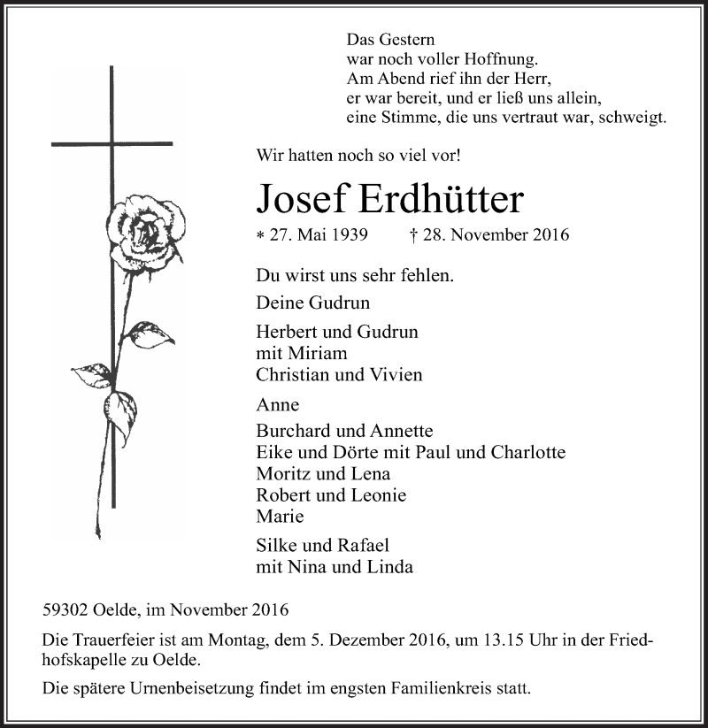  Traueranzeige für Josef Erdhütter vom 01.12.2016 aus Die Glocke