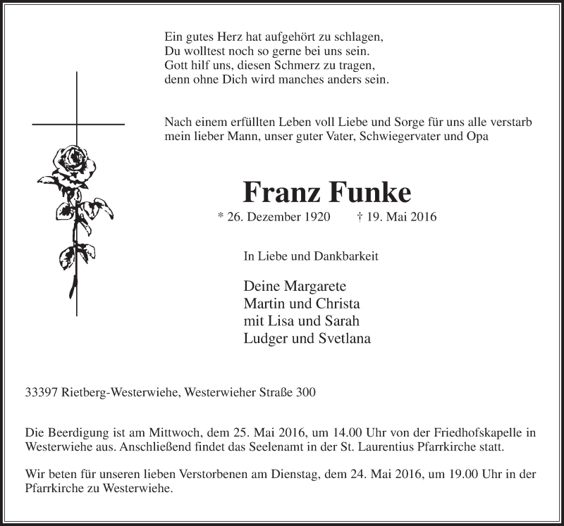  Traueranzeige für Franz Funke vom 21.05.2016 aus Die Glocke