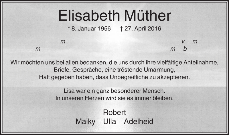  Traueranzeige für Elisabeth Müther vom 04.06.2016 aus Die Glocke