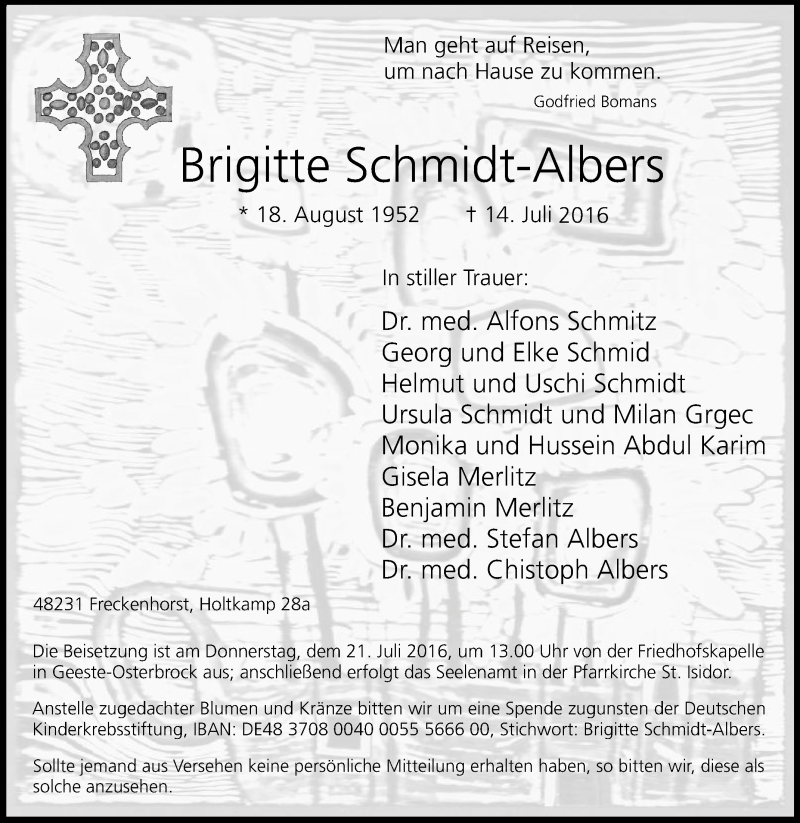  Traueranzeige für Brigitte Schmidt-Albers vom 18.07.2016 aus Die Glocke