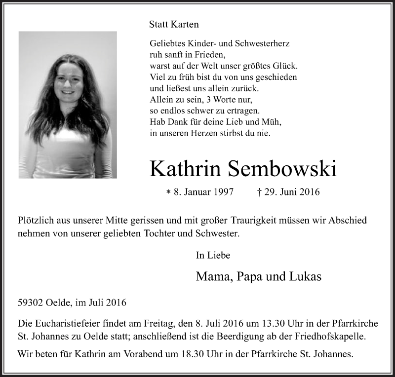  Traueranzeige für Kathrin Sembowski vom 06.07.2016 aus Die Glocke