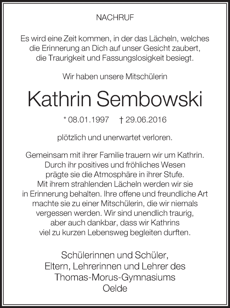  Traueranzeige für Kathrin Sembowski vom 07.07.2016 aus Die Glocke