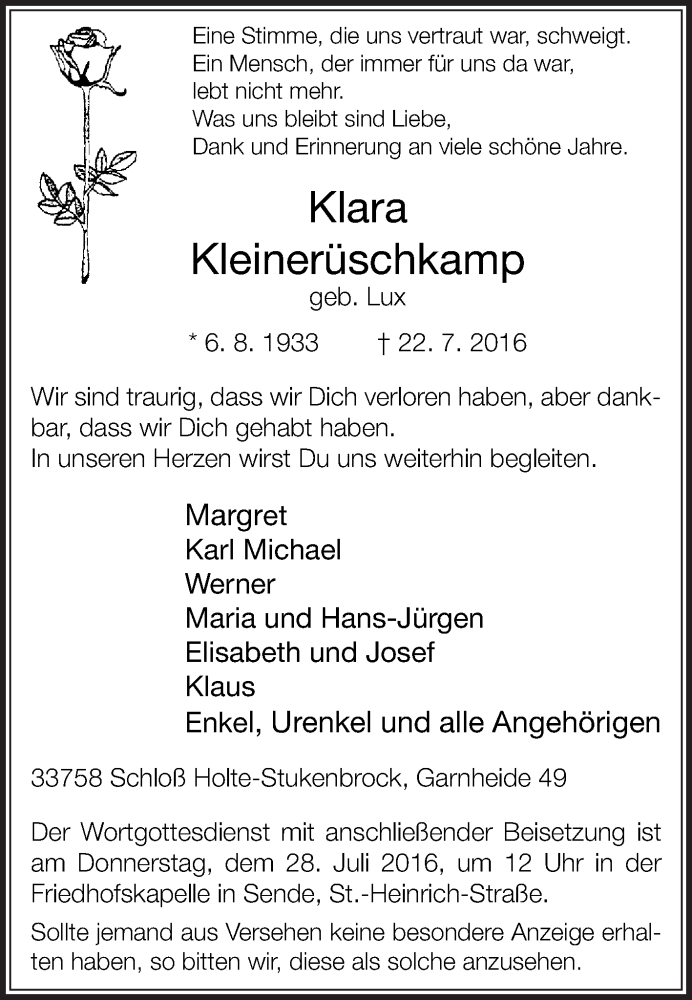  Traueranzeige für Klara Kleinerüschkamp vom 23.07.2016 aus Die Glocke