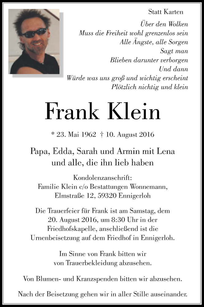  Traueranzeige für Frank Klein vom 17.08.2016 aus Die Glocke