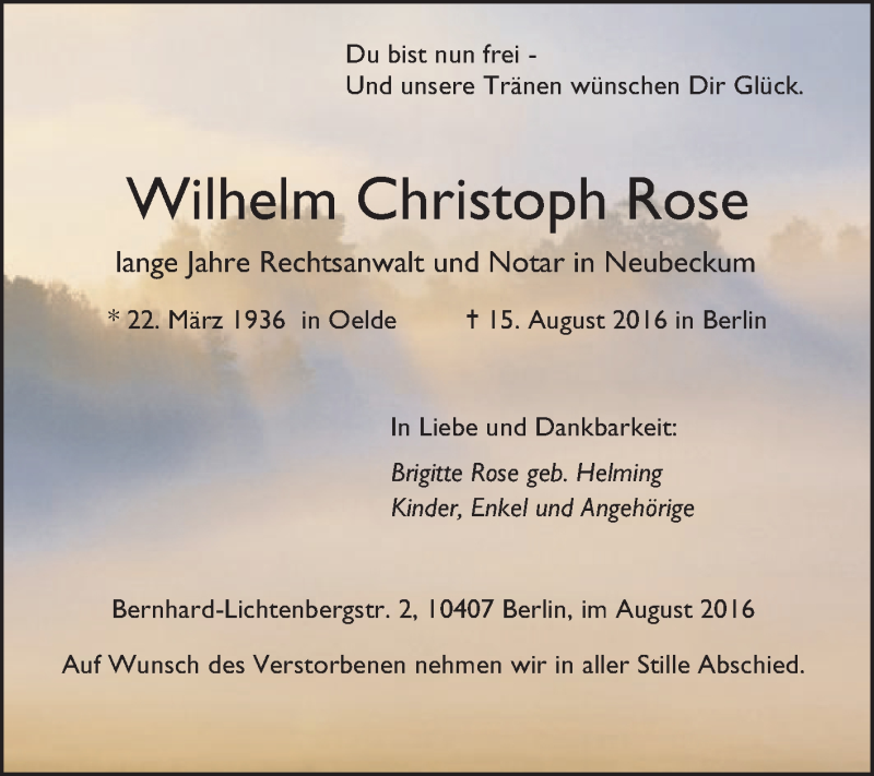  Traueranzeige für Wilhelm Christoph Rose vom 27.08.2016 aus Die Glocke
