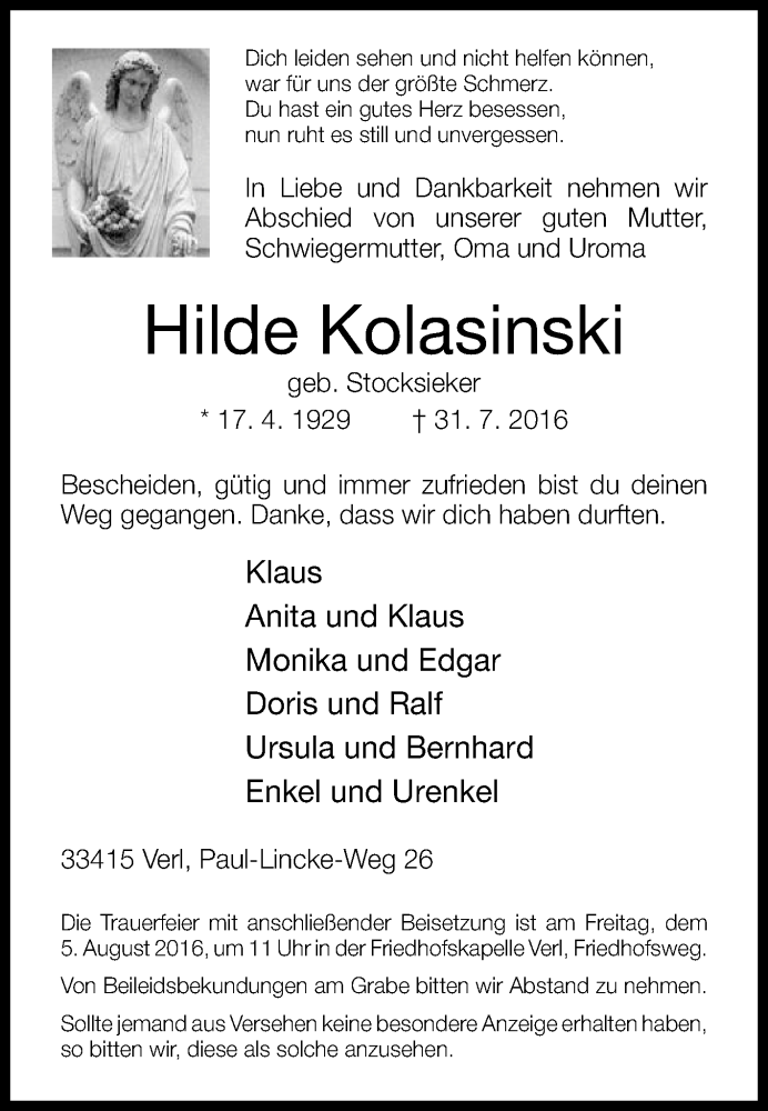  Traueranzeige für Hilde Kolasinski vom 03.08.2016 aus Die Glocke