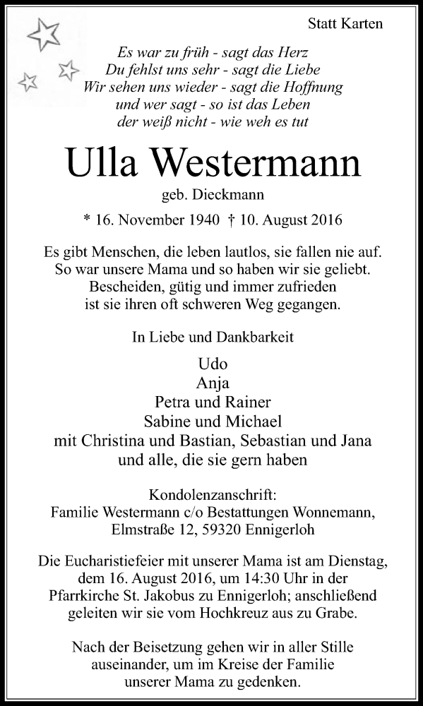  Traueranzeige für Ulla Westermann vom 13.08.2016 aus Die Glocke