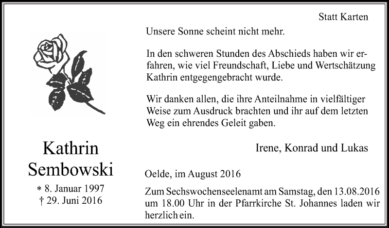  Traueranzeige für Kathrin Sembowski vom 10.08.2016 aus Die Glocke