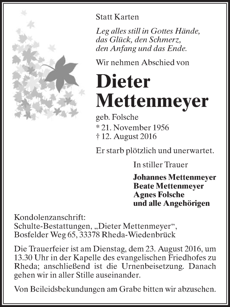  Traueranzeige für Dieter Mettenmeyer vom 20.08.2016 aus Die Glocke