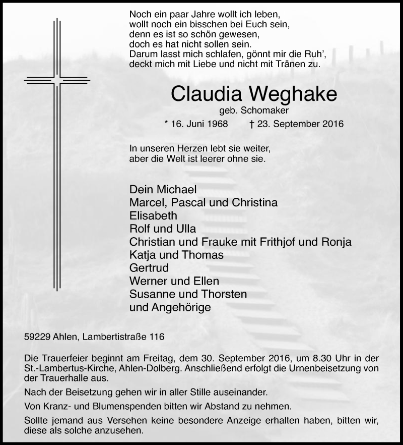  Traueranzeige für Claudia Weghake vom 27.09.2016 aus Die Glocke