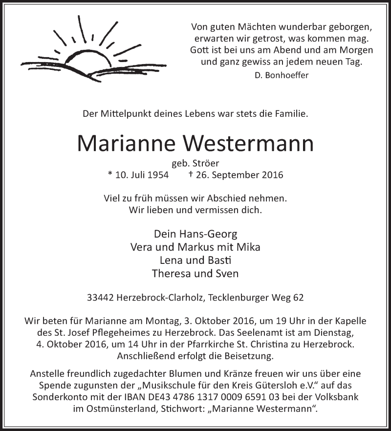  Traueranzeige für Marianne Westermann vom 28.09.2016 aus Die Glocke