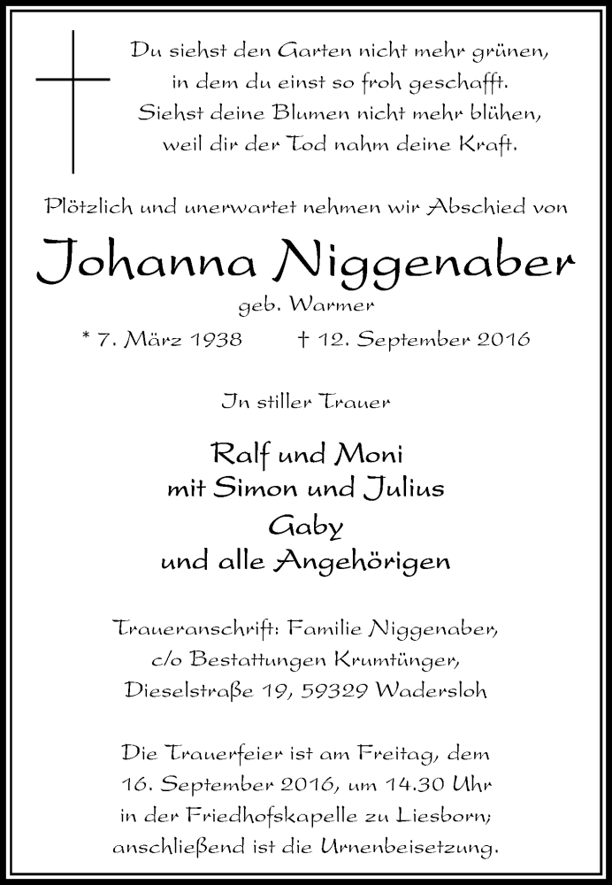  Traueranzeige für Johanna Niggenaber vom 14.09.2016 aus Die Glocke
