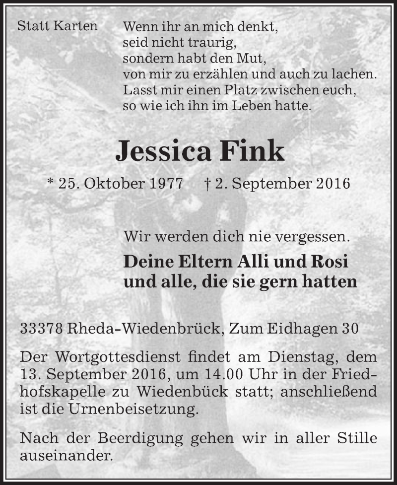  Traueranzeige für Jessica Fink vom 07.09.2016 aus Die Glocke