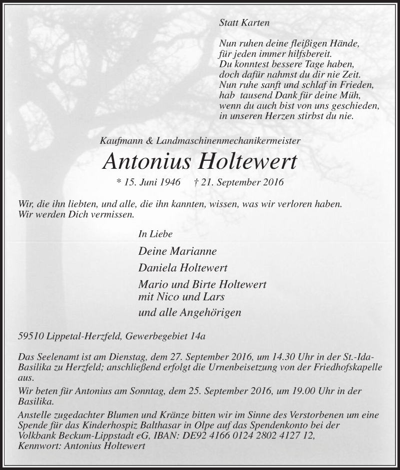  Traueranzeige für Antonius Holtewert vom 24.09.2016 aus Die Glocke