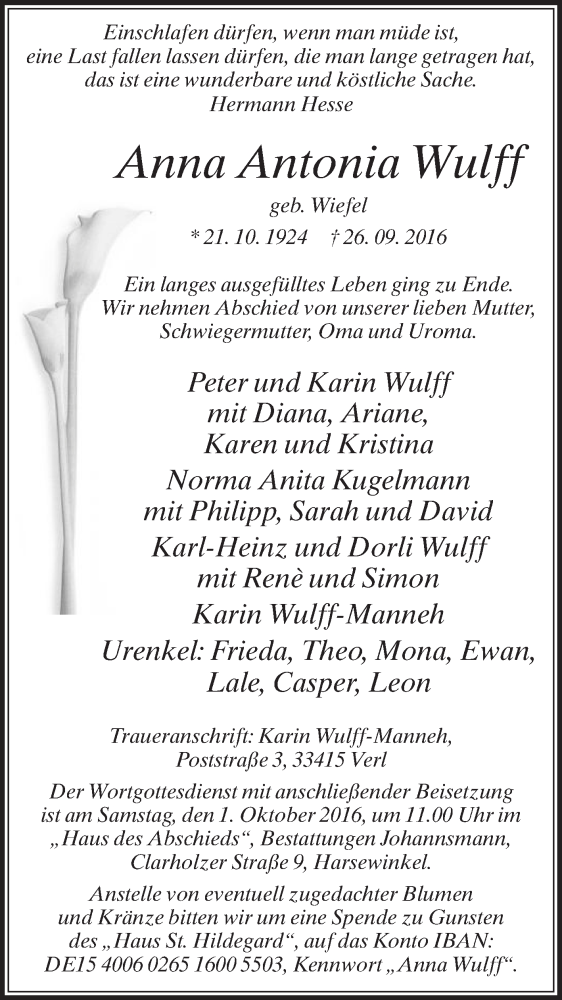  Traueranzeige für Anna Antonia Wulff vom 29.09.2016 aus Die Glocke