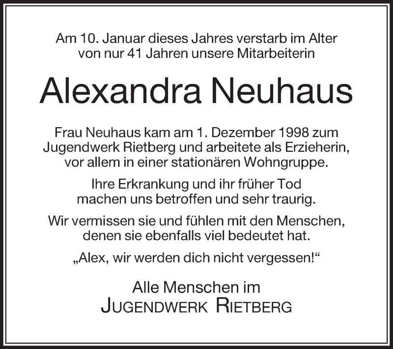  Traueranzeige für Alexandra Neuhaus vom 14.01.2017 aus Die Glocke