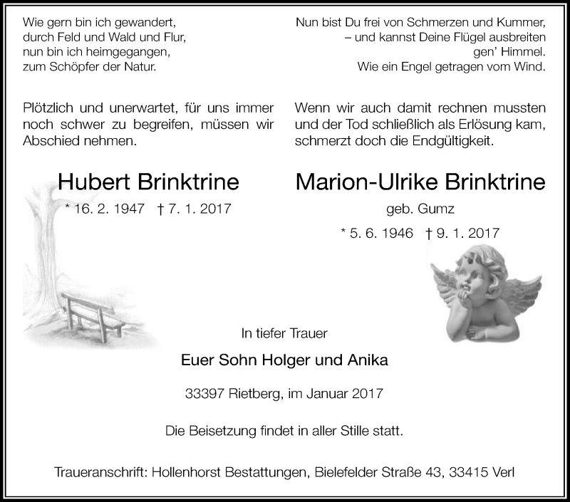  Traueranzeige für Hubert und Marion Brinktrine vom 16.01.2017 aus Die Glocke